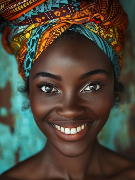 Afrykańska kobieta w turbanie tradycyjne ubrania i wnętrze Dziewczyna z biżuterią w kolorowych ubraniach czarna piękna skóra i zachowująca swoją afrykańską etniczność