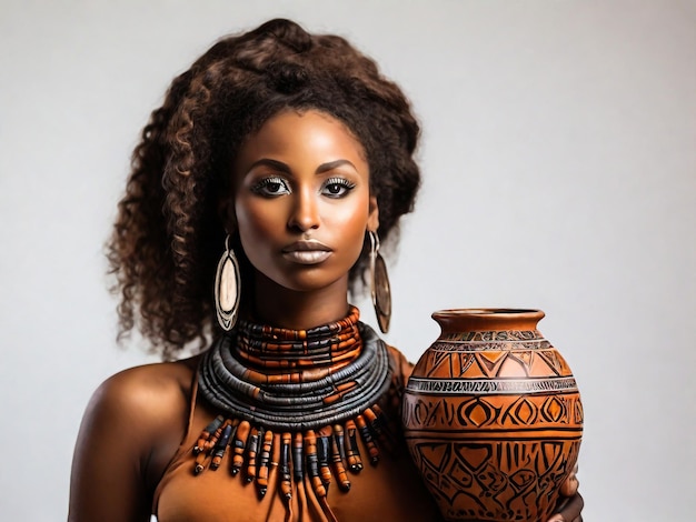 Afrykańska kobieta z tradycyjnym wazonem ceramicznym na białym tle