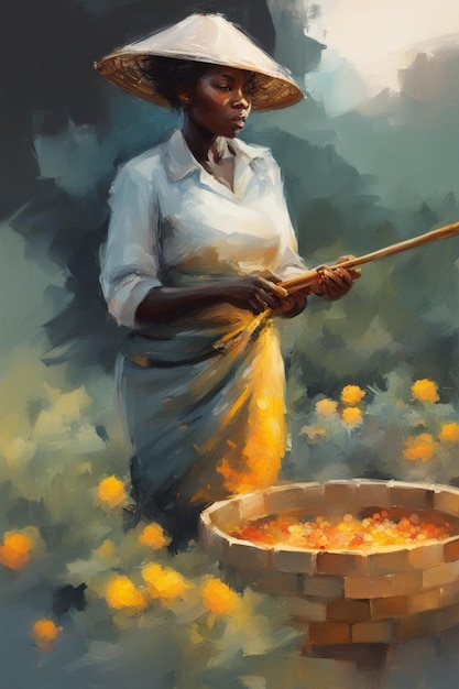 afrykańska kobieta zbierająca miód z uli o zachodzie słońca w ciepłych kolorach gospodarstwa ekologicznego