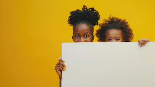 Afrykańska matka i córka trzymają billboard na żółtym tle