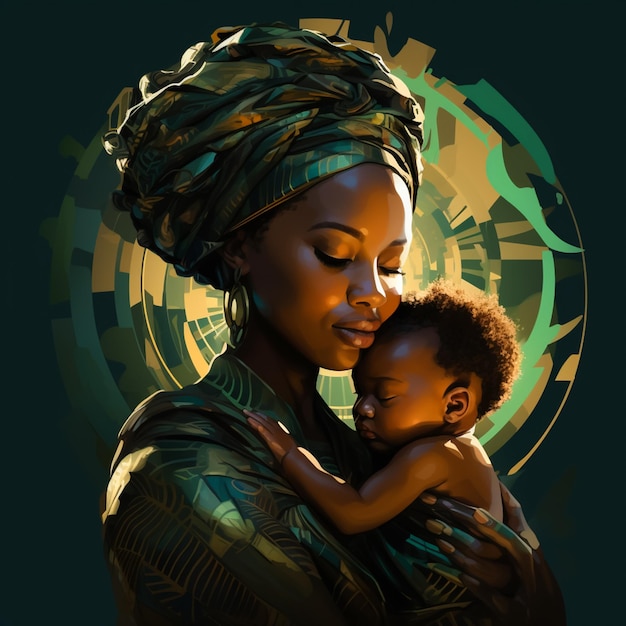 afrykańska matka z dzieckiem w ramionach świecąca z kluczową koncepcją na szarym tle