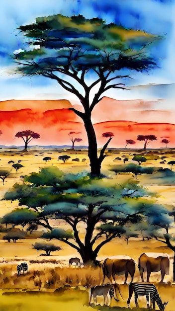 Afrykańska sawana krajobraz akwarel rysunek kreskówka dzieło sztuki
