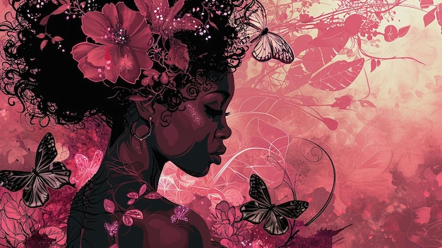 Afrykańska sylwetka kobiety z motywami kwiatowymi i motylowymi idealna do wzorów o tematyce piękna