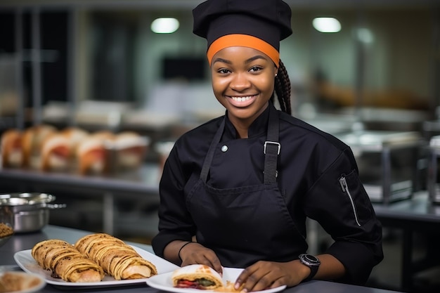 Afrykańska szefowa kuchni uśmiecha się w czarnym fartuchu i kapeluszu podczas gotowania deserów w kuchni restauracji