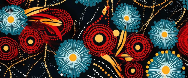 afrykańska tkanina z czerwonymi, żółtymi i czarnymi kropkami w stylu ciemnego błękitnego i białego