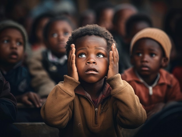 Afrykański chłopiec w emocjonalnej dynamicznej pozycji w szkole