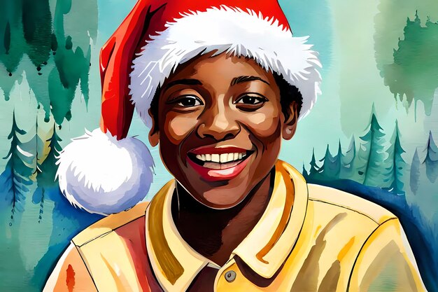 Afrykański chłopiec z kapeluszem Mikołaja Malarstwo akwarelowe w stylu generatywnej ilustracji AI na Boże Narodzenie