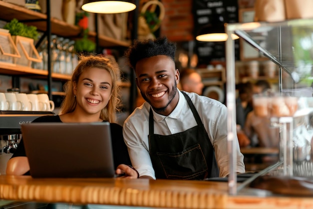 Afrykański i biały dwaj szczęśliwi menedżerowie kawiarni pracujący na laptopie