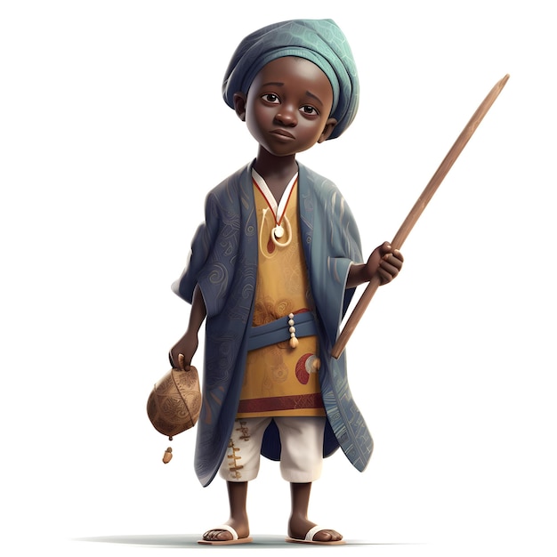 Afrykański mały chłopiec ubrany w tradycyjne stroje i turban trzymający dzidę