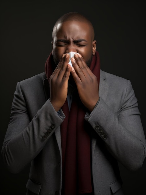 Afrykański mężczyzna cierpi na przeziębienie i katar na szarym tle