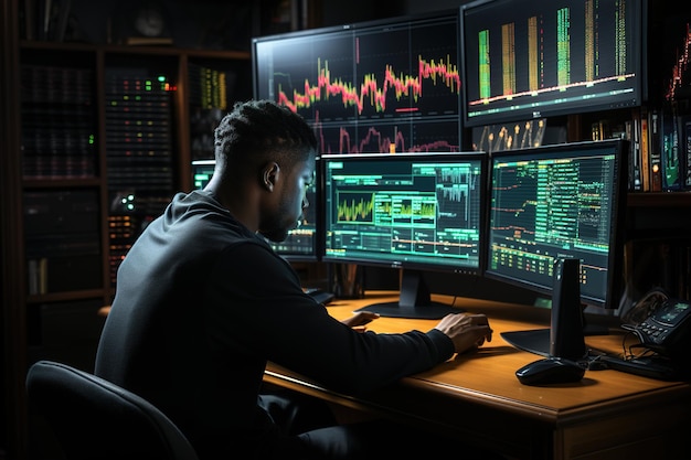 Afrykański mężczyzna pracujący na swoim komputerze na rynku walutowym