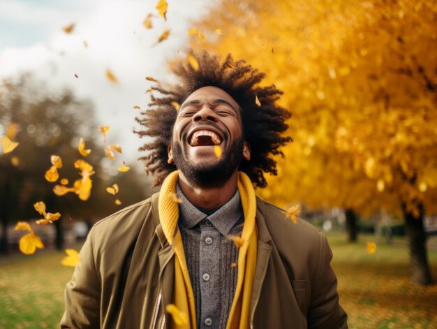Afrykański mężczyzna w emocjonalnej dynamicznej pozie na jesiennym tle