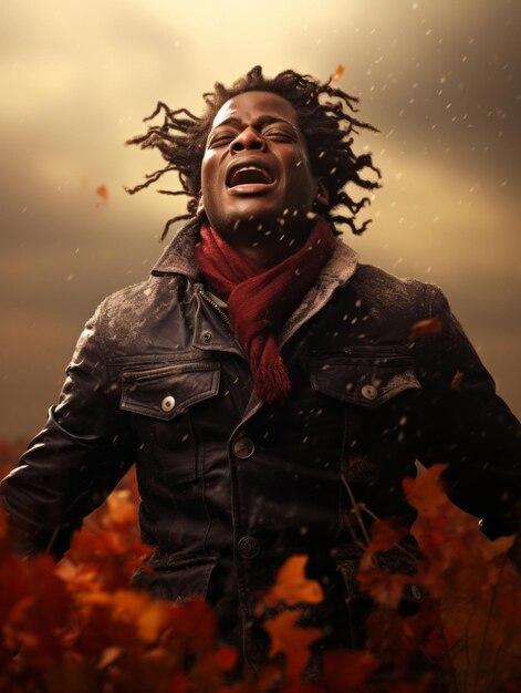 Afrykański mężczyzna w emocjonalnej dynamicznej pozie na jesiennym tle