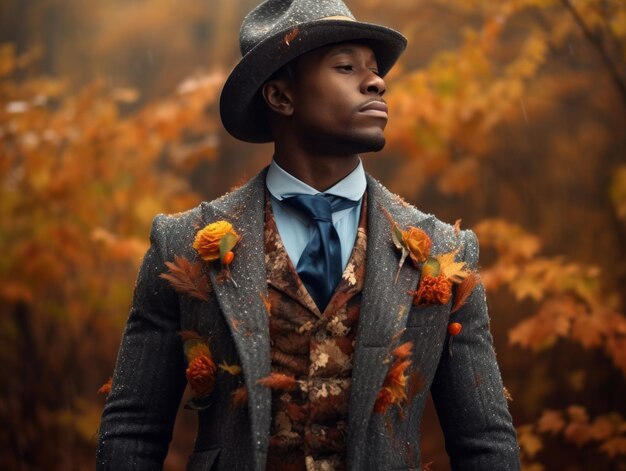 Afrykański mężczyzna w emocjonalnej, dynamicznej pozycji na jesiennym tle