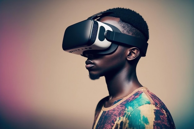 Afrykański mężczyzna w okularach wirtualnej rzeczywistości stojący studio czyste tło