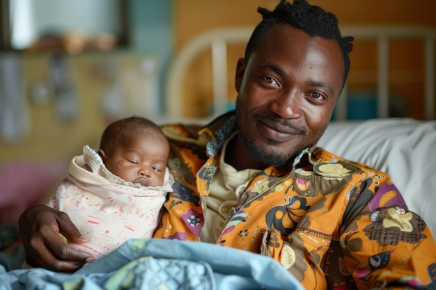 Afrykański ojciec karmi swój nowo narodzony dziecko sztucznym mlekiem na łóżku w szpitalu