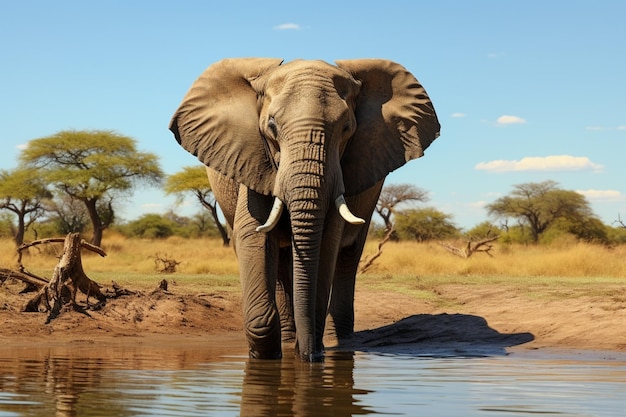 Afrykański słoń gaszący pragnienie tworzy spokojną scenę z wodą