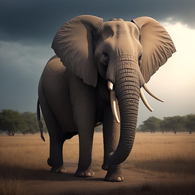 Afrykański słoń spacerujący po krajobrazie wygenerowanym przez SI