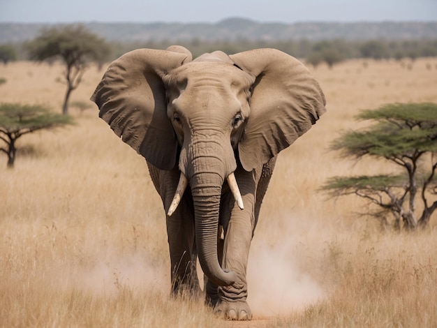 Afrykański słoń wdzięcznie wędruje po słonecznej sawannie, otoczony złotymi odcieniami łąk.