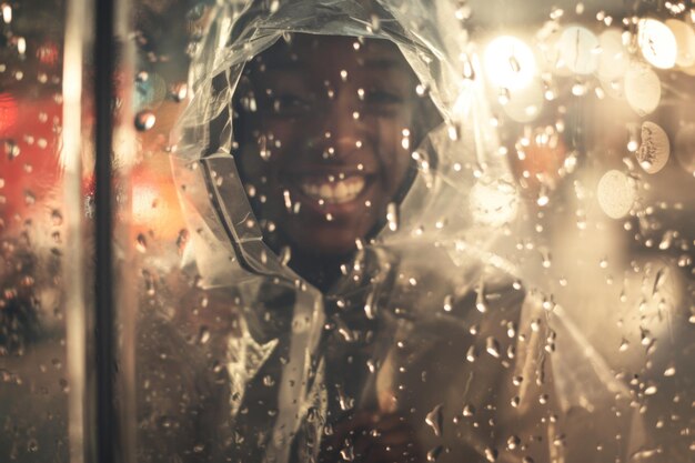 Afrykański śmiejący się mężczyzna w płaszczu przeciwdeszczowym patrzący w kamerę przez szkło na niefokusowanym tle