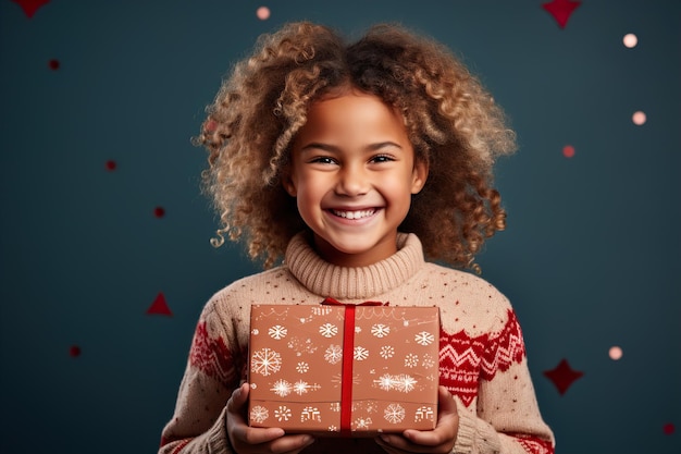 Afrykańskie amerykańskie dziecko trzymające prezent świąteczny na niebieskim tle