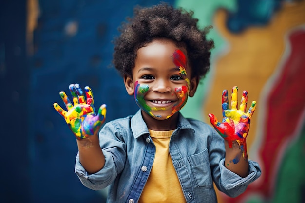 Afrykańskie amerykańskie małe dziecko pokazujące ręce z farbą z obrazami Sztuka uliczna
