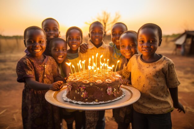 Afrykańskie dzieci trzymające tort urodzinowy z okazji urodzin