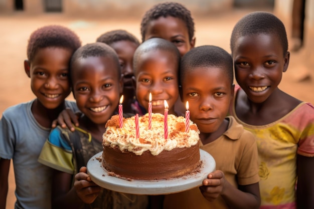 Afrykańskie dzieci trzymające tort urodzinowy z okazji urodzin