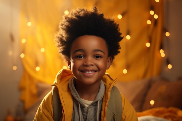 Afrykańskie dziecko Afroamerykanin Afroamerykanin uśmiecha się, patrząc w kamerę, szczęśliwe dzieciństwo, wesoły, piękny i ładny chłopiec lub dziewczynka, rasowy styl życia