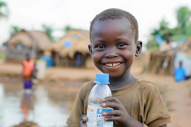 Afrykańskie dziecko szczęśliwie podnoszące butelkę wody z wiejskim życiem w tle