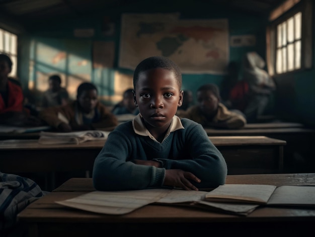 Afrykańskie dziecko w emocjonalnej dynamicznej pozie w szkole