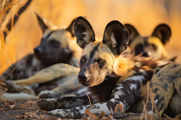 Zdjęcie afrykańskie dzikie psy odpoczywają po polowaniu