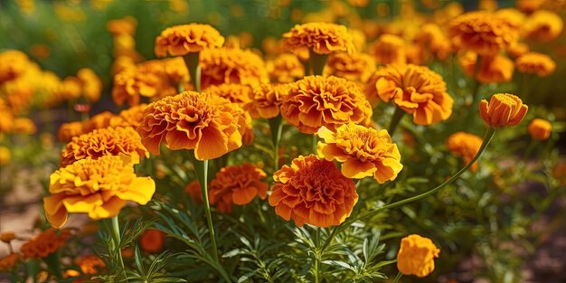 Afrykańskie kwiaty marigold w ogrodzie Tagetes rosnące z bliska