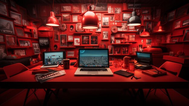 Agencja mediów społecznościowych Czerwony pokój z czerwonymi urządzeniami technologicznymi