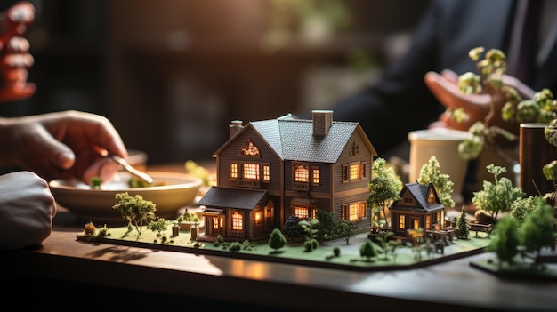 Agent nieruchomości daje kupcowi klucze do domu na biurowym stole z miniaturowym modelem domu na stole