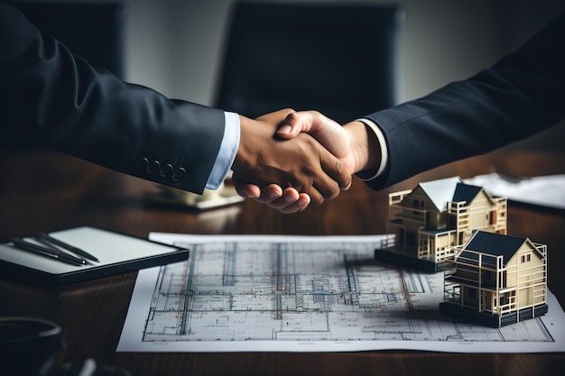 Agent nieruchomości i kupujący uściskają sobie ręce po podpisaniu umowy Koncepcja ubezpieczenia kredytu hipotecznego