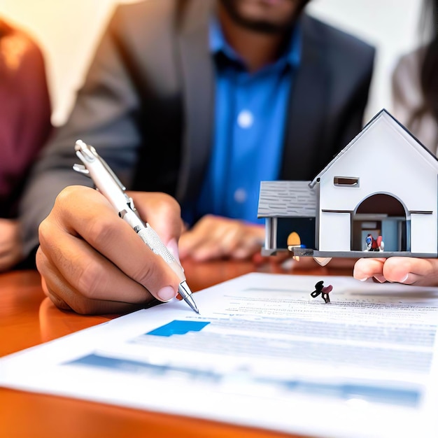 Agent nieruchomości lub agent nieruchomości podpisuje umowę hipoteczną na nowy dom
