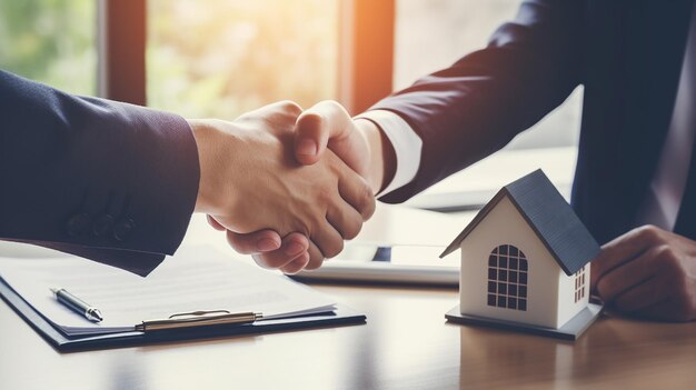 Agent nieruchomości ściska rękę kupującemu po podpisaniu umowy kredytu mieszkaniowego i koncepcji ubezpieczenia