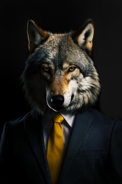 Agresywny wilk w drogich szarych ubraniach biznesowych, Generatywna SI