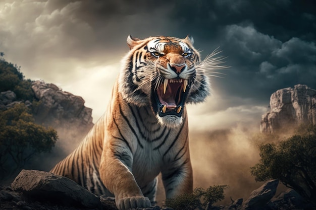 Agresywny wściekły Tygrys z dużymi zębami na tle burzliwego nieba Generacyjna sztuczna inteligencja