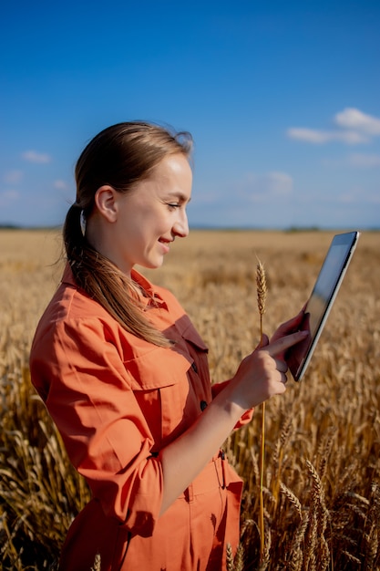 Zdjęcie agronom kobieta z komputerem typu tablet w dziedzinie pszenicy sprawdzającej jakość i wzrost plonów dla rolnictwa