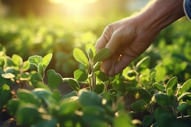 Zdjęcie agronom sprawdzający uprawy soi w koncepcji produkcji rolniczej na polu rolniczym