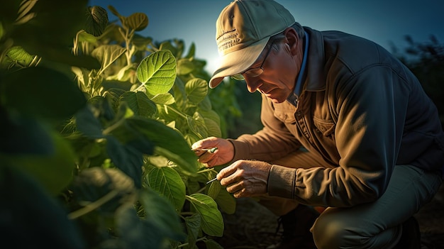 Agronom trzyma laptopa i sprawdza rośliny soi na polu rolnym Rolnik na polu soi w gospodarstwie