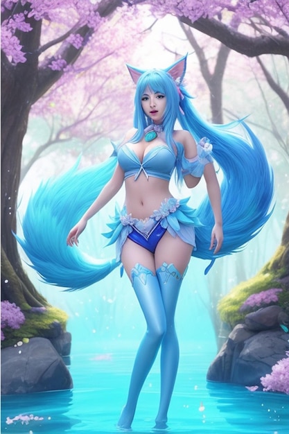 Ahri z League of Legends w ubraniach Spirit Blossom ma niebieskie włosy i pastelowe uszy i tatę