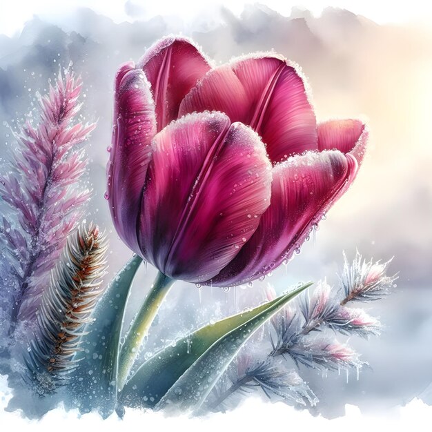 Zdjęcie ai akwarelowy rysunek pięknego tęczowego tulipanu na zimowym tle