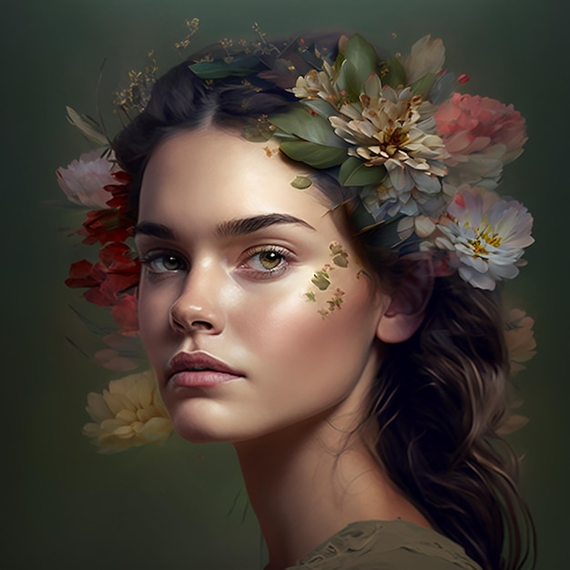 Ai art photos Kobieta z kwiatami we włosach i twarzą w profiluProjektowanie postaci gen
