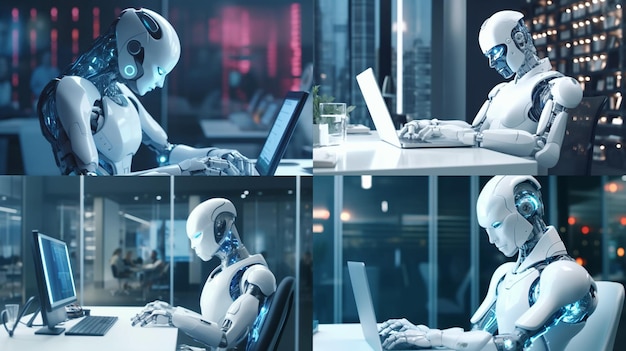 AI cyborg android Ramię robota do pisania na klawiaturze laboratoryjnejGenerative AI