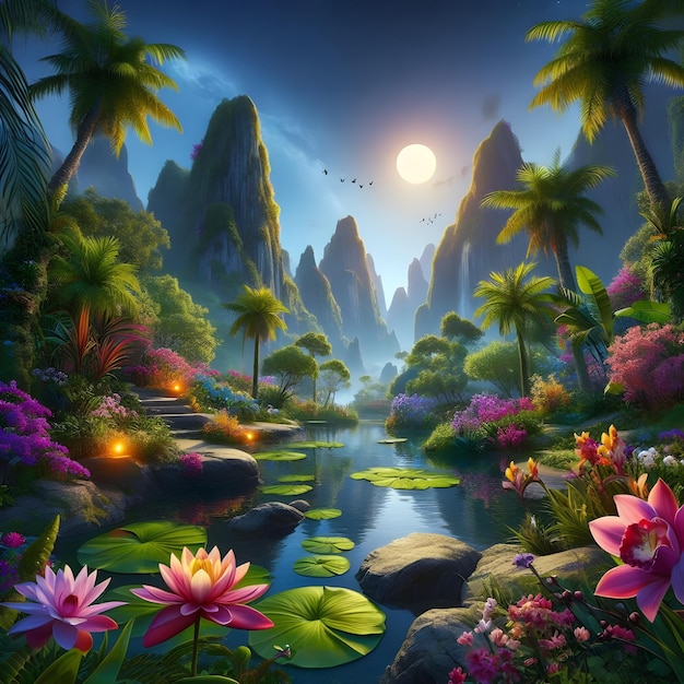 AI fantasy terraformed krajobraz tropikalnych azjatyckich łańcuchów górskich kwiatowy ogród