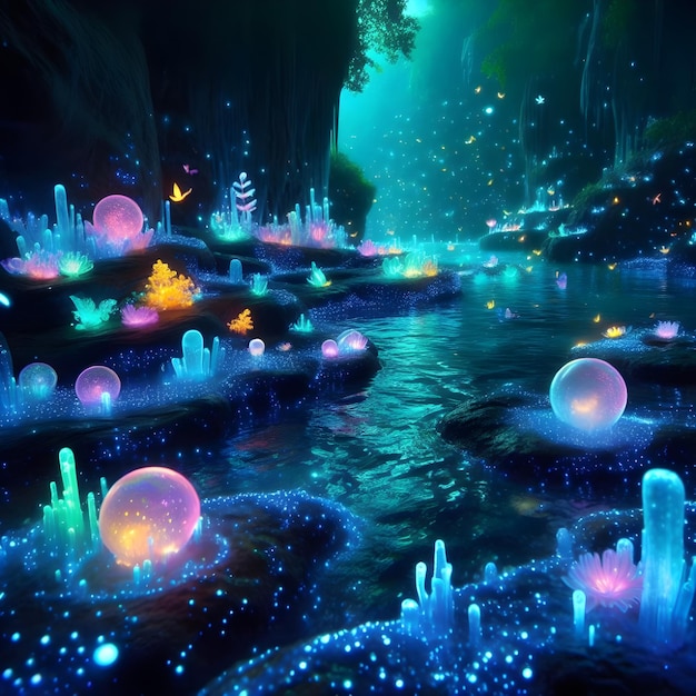 AI fantazji Pandora roślina kolorowe rośliny bioluminescencyjne w morzu świecące kryształy i ogień