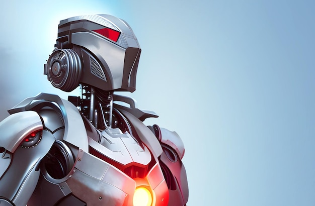AI fikcyjna postać 3d futurystyczny robot zaczerwienione oczy dystopia scifi cosplay film niebieskie tło